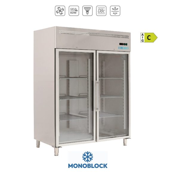 GN1410TNGFC- ARMADIO REFRIGERATO VENTILATO MONOBLOCCO in acciaio INOX CON PORTE VETRO  positivo 0°C + 8°C