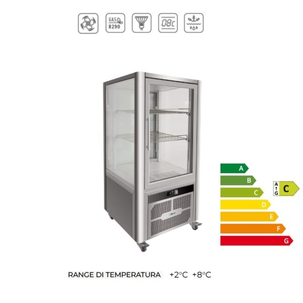 G-VGP200R- Vetrina  espositiva verticale A REFRIGERAZIONE VENTILATA CON 4 lati VETRATI ( Temp. +2C° +8C°)